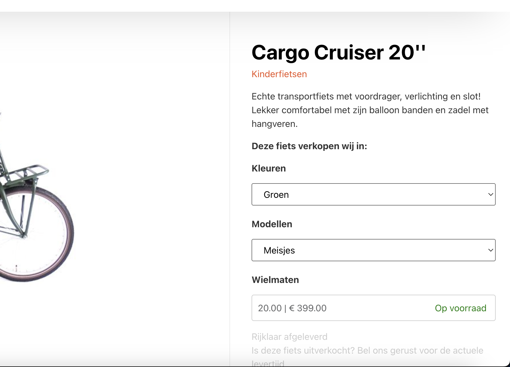Een detailpagina van een fiets op de website van Fietshuys, met informatie die automatisch wordt opgehaald uit CycleSoftware.