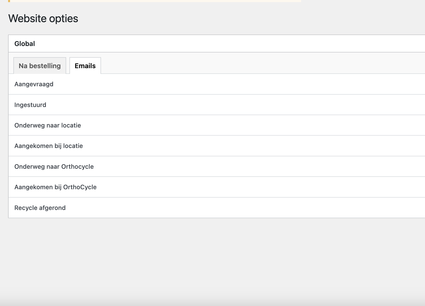 De omgeving waarin OrthoCycle de automatische e-mails kan instellen.