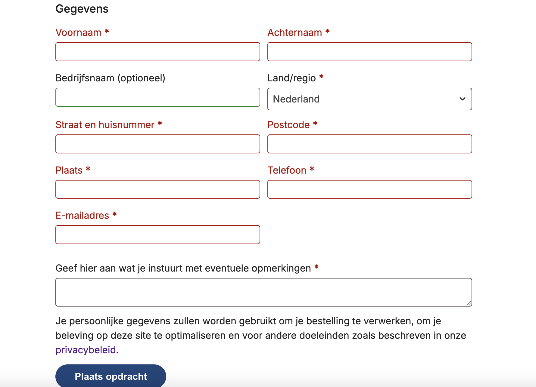Het formulier waarin klanten hun opdracht kunnen indienen en de benodigde gegevens kunnen invullen.