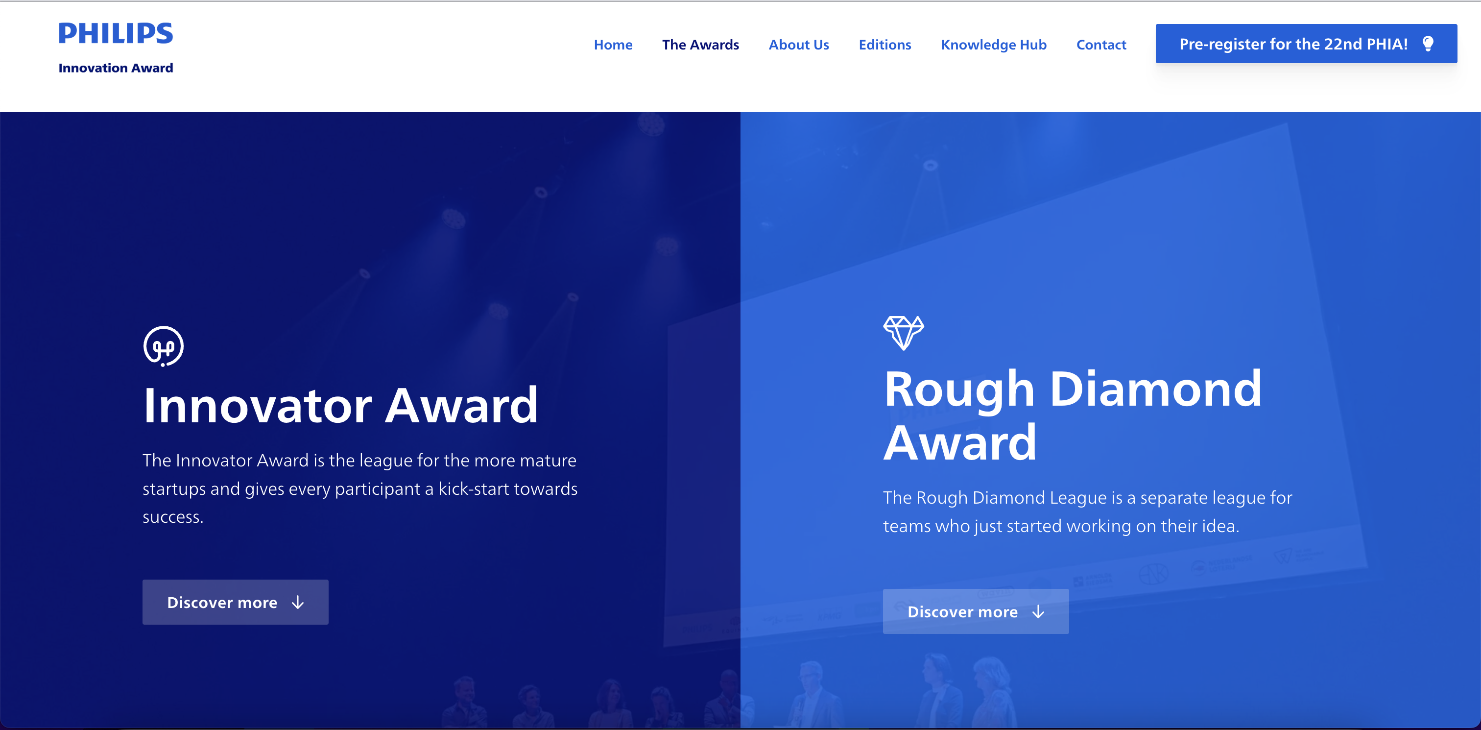 De verschillende awards die uitgereikt worden tijdens de Philips Innovation Awards, met informatie over de criteria en winnaars.