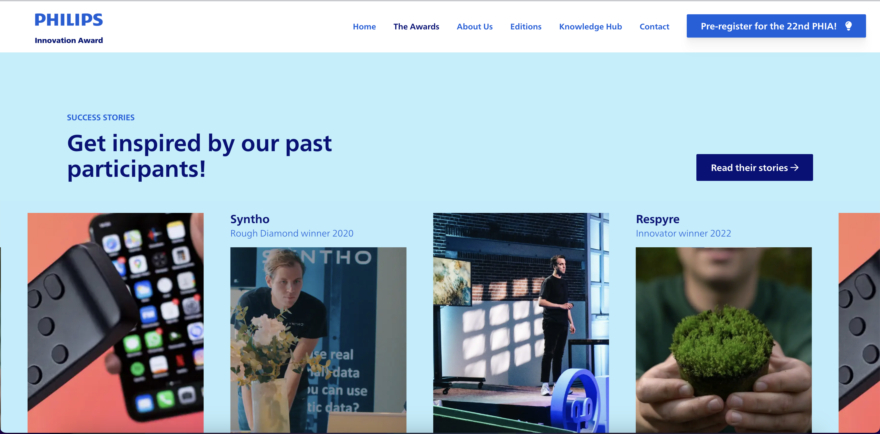 Overzicht van alle success stories die meegedaan hebben aan de Philips Innovation Awards.