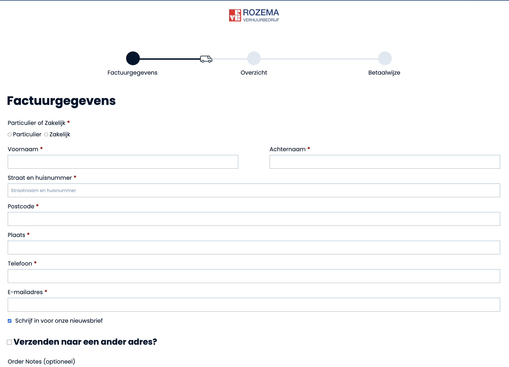 De checkout pagina van Rozemaverhuur, waarin bezoekers hun gegevens kunnen invullen en de aanvraag kunnen afronden.