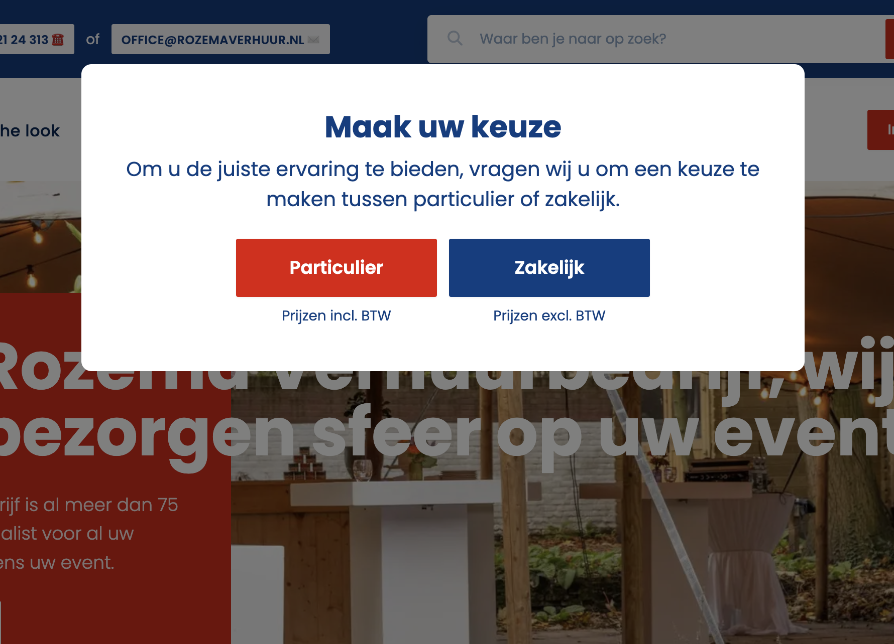 De selectiepopup van Rozemaverhuur, waarin bezoekers kunnen kiezen of ze particulier of zakelijk willen huren.