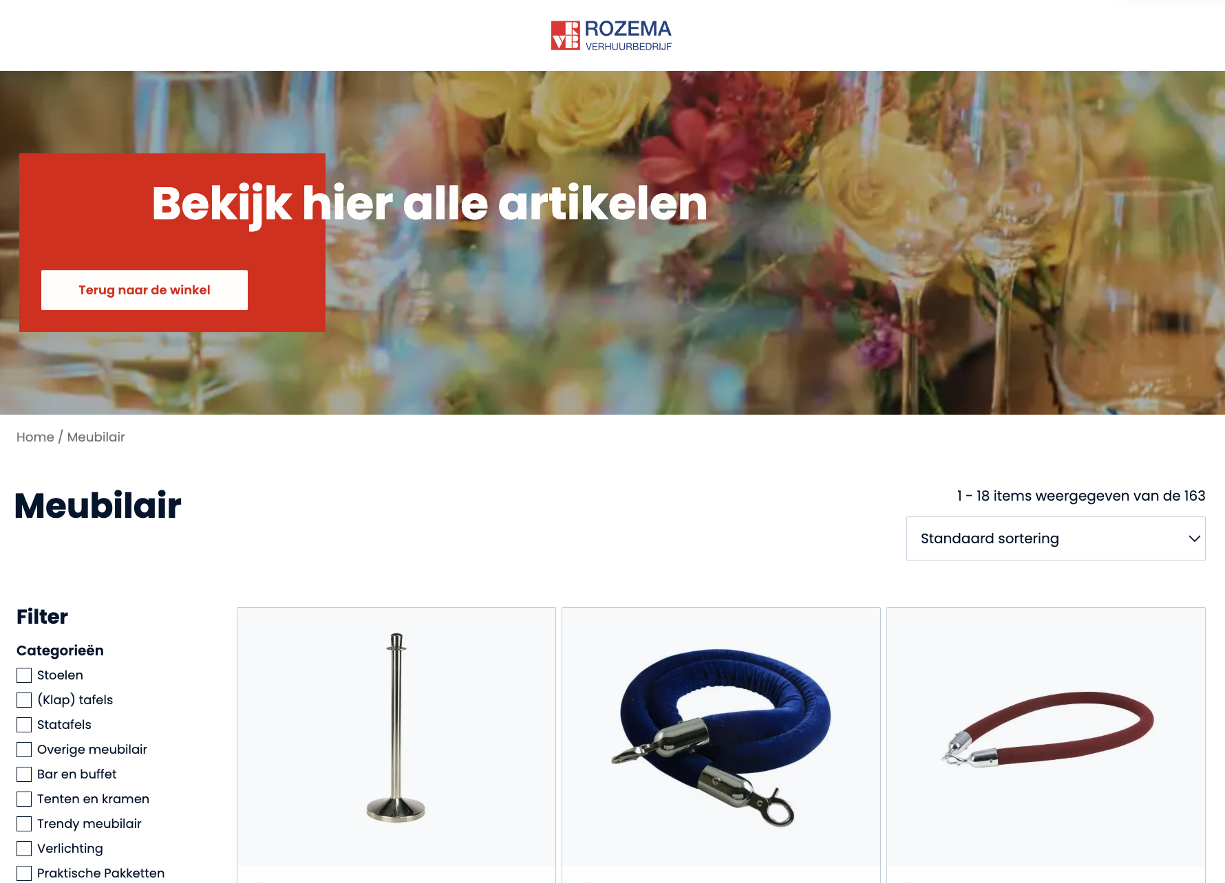 Het assortiment overzicht van Rozemaverhuur, waarin bezoekers alle beschikbare producten kunnen bekijken en selecteren.
