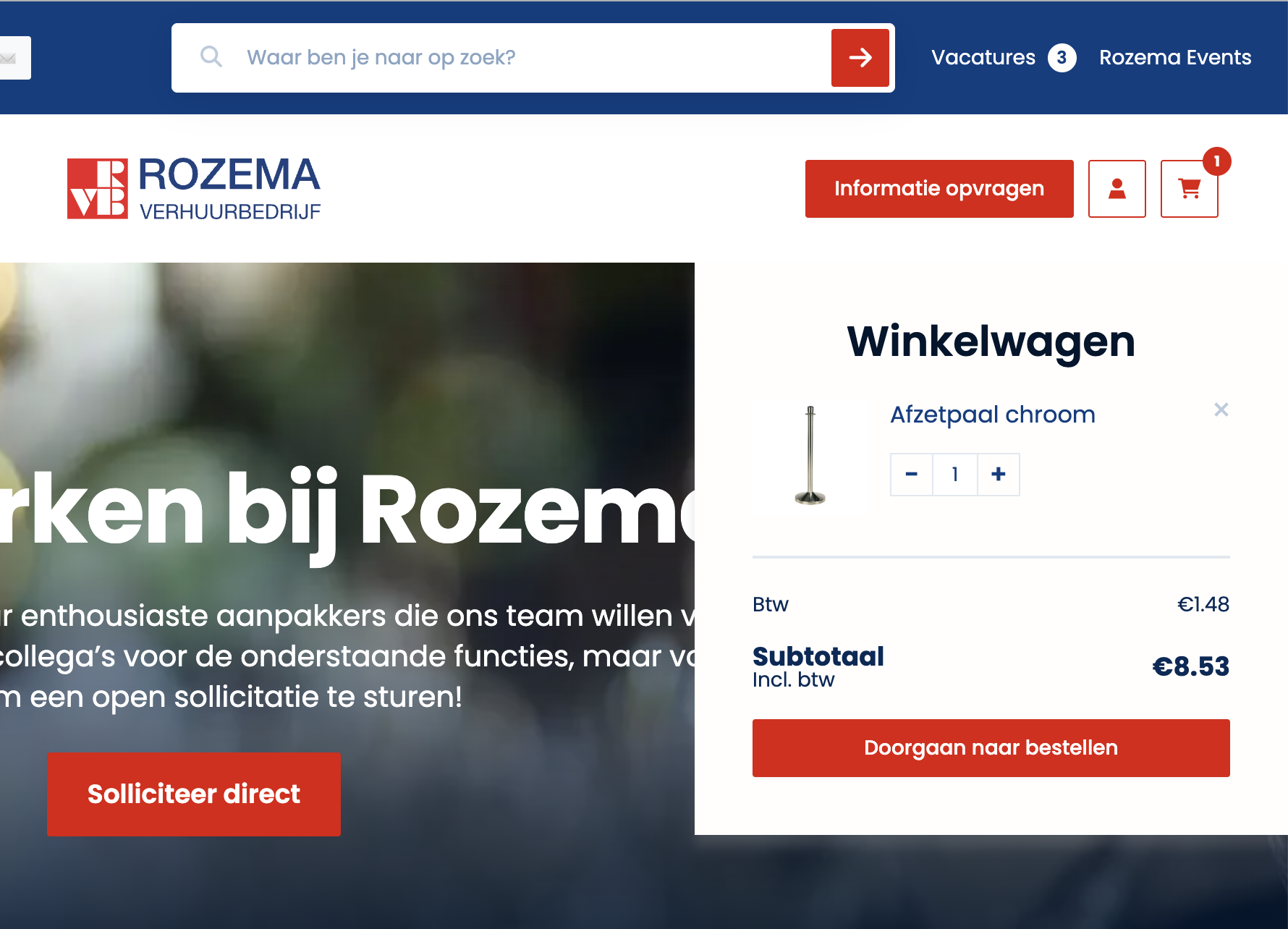 De winkelwagen popup van Rozemaverhuur, waarin bezoekers hun geselecteerde producten kunnen bekijken en een aanvraag kunnen indienen.