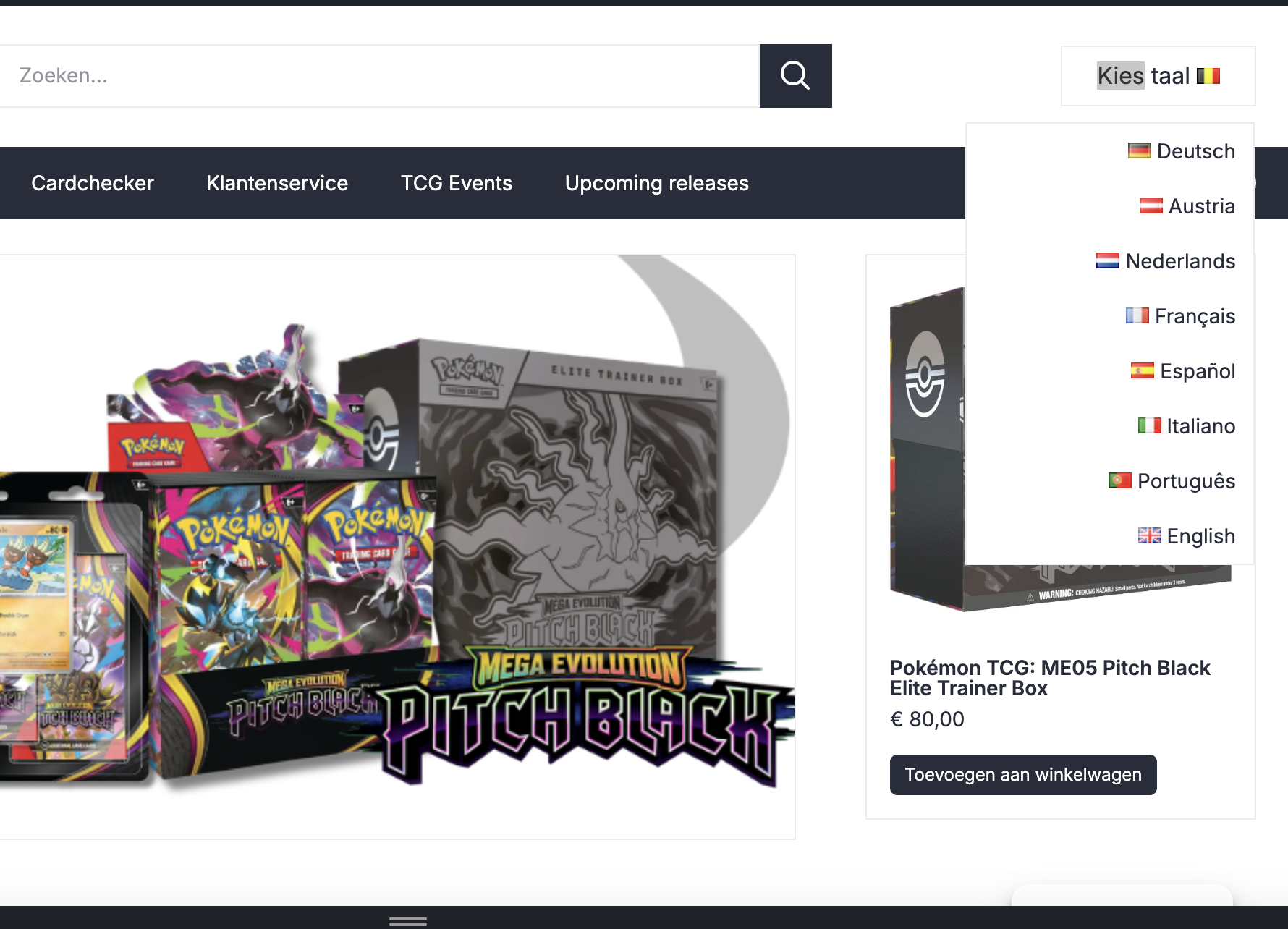 Taalkeuze popup op de website van Vinticards, waarmee bezoekers eenvoudig de gewenste taal kunnen selecteren.